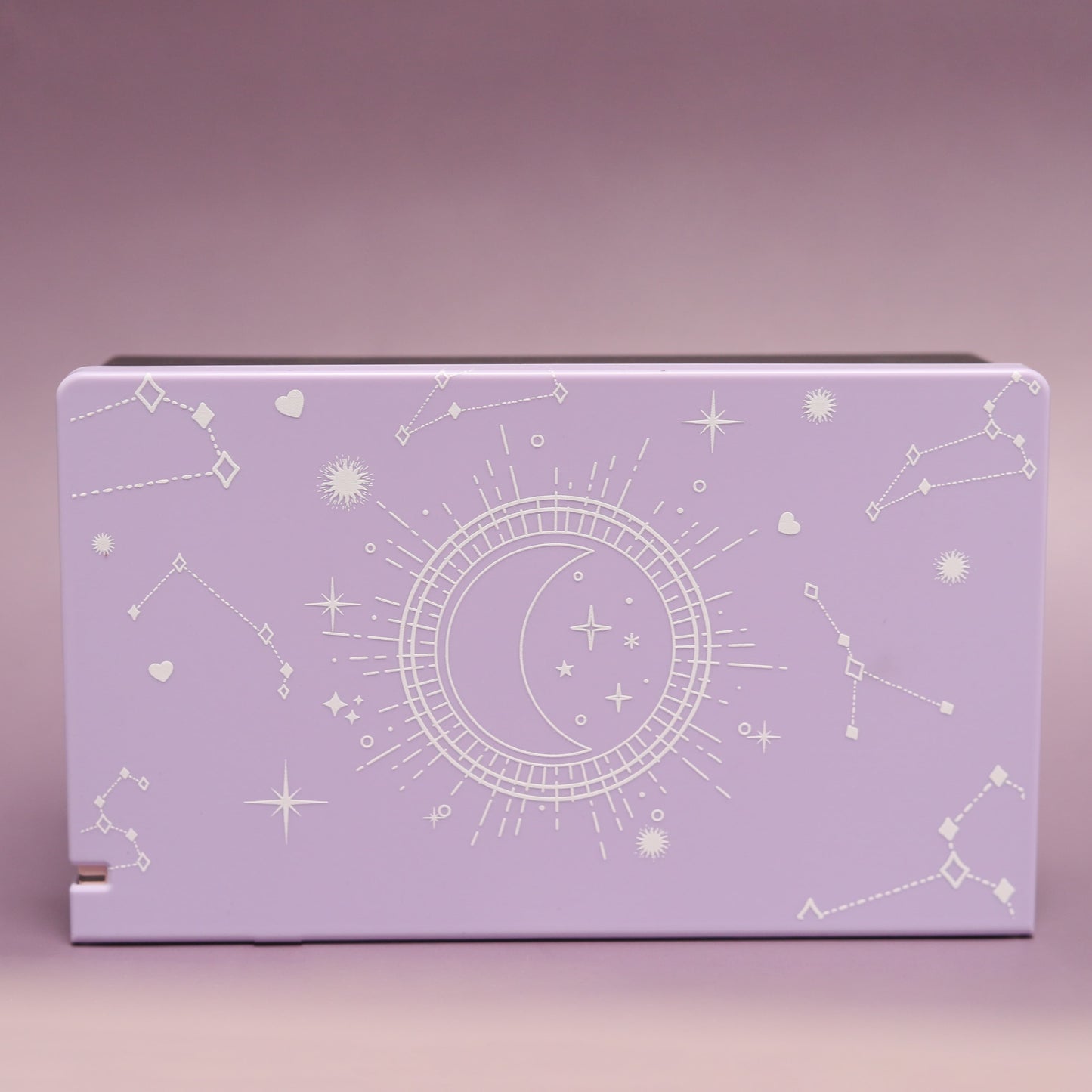 Lavender Nintendo Switch dock cover with white Cosmic Moon and constellation pattern