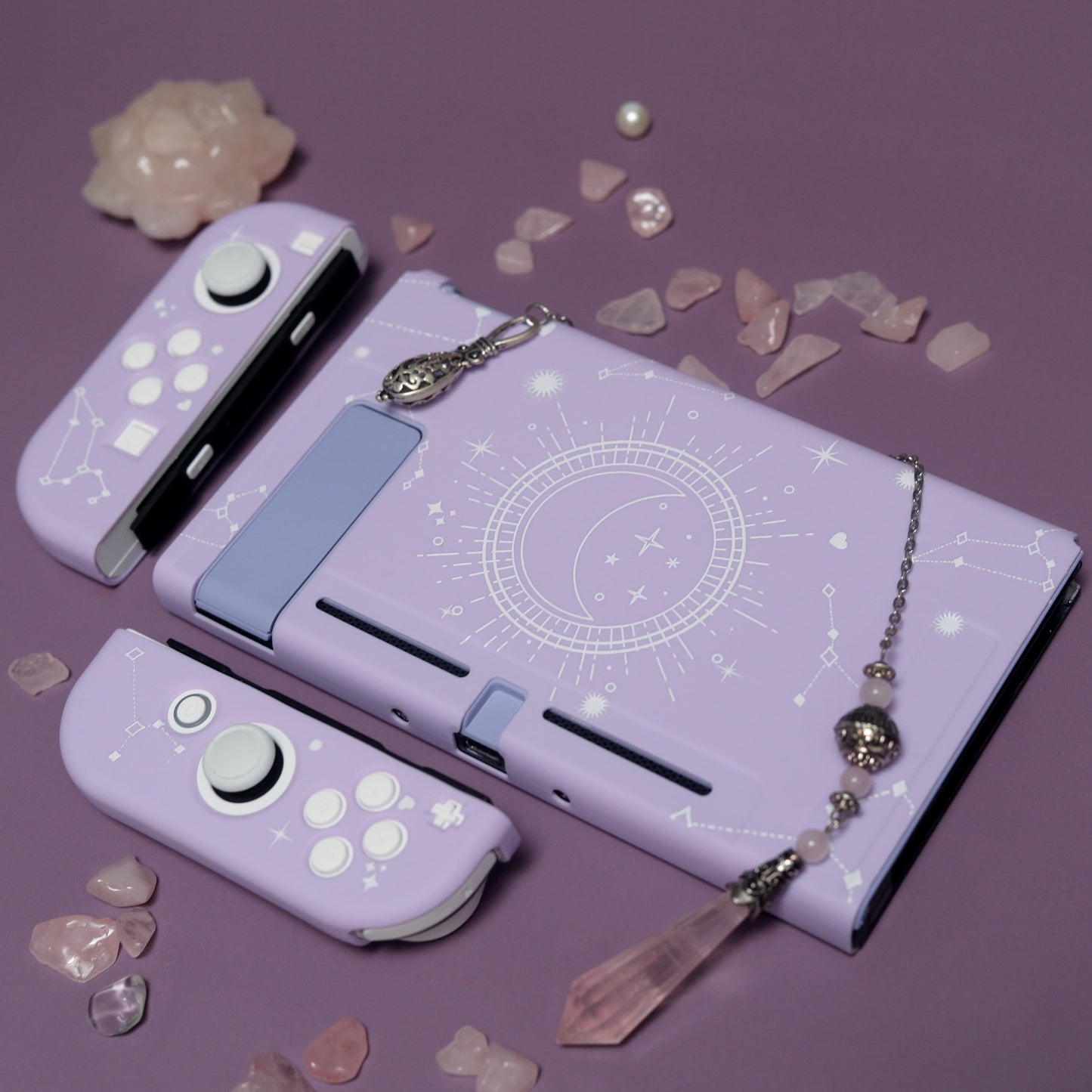 Full Nintendo Switch Cosmic Moon case set in lavender including console shell, Joy-Con covers and dock plate
