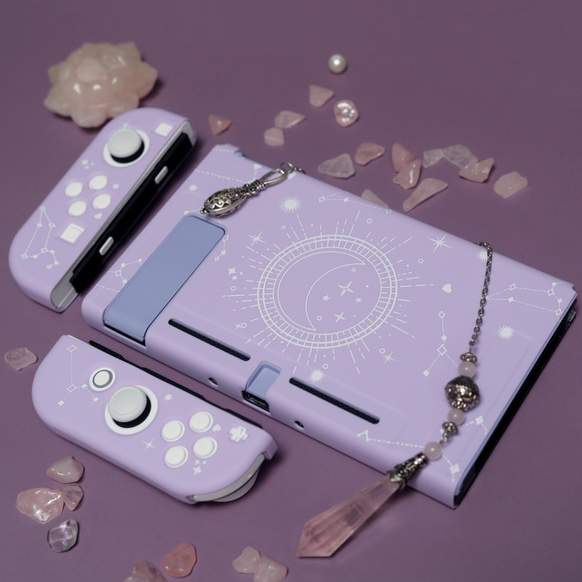 Full Nintendo Switch Cosmic Moon case set in lavender including console shell, Joy-Con covers and dock plate